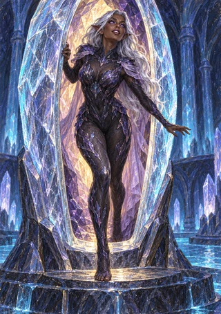 Silver-haired pointed-eared elf woman in dark faceted armor stepping from a luminous blue crystal enclosure.