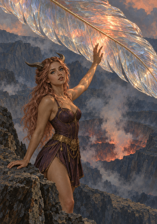 Horned woman on a rocky ledge reaching toward a luminous feather-like form above a smoky landscape with cliffs and a glowing crater.