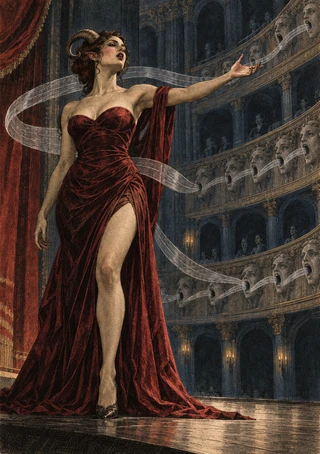 Horned woman in a long burgundy gown reaches toward an audience in a multi-tiered theater as pale bands sweep across the stage.