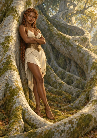 Pointed-eared woman in an ivory outfit standing beside enormous pale spiraling roots in a sunlit forest.