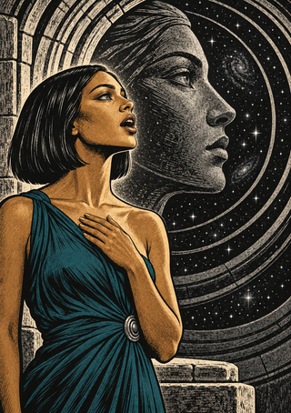 A woman in teal looks upward beside a huge monochrome profile face framed by concentric rings and stars.