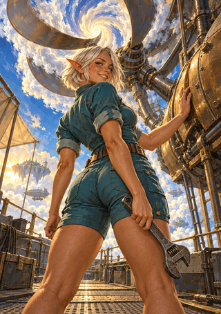 White-haired elf woman in teal work clothes holding a wrench among brass-and-steel machinery beneath a cloud spiral.