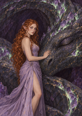 Red-haired elf in a lavender gown beside a dark dragonlike form among crystals in a cavern.
