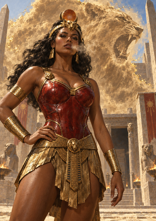 Woman in red and gold armor with a solar-disc headdress stands in a temple courtyard before a lion-shaped cloud.