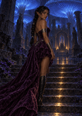 Pointed-eared woman in a plum gown stands on stone steps beneath glowing blue mushroom caps in a dark hall.