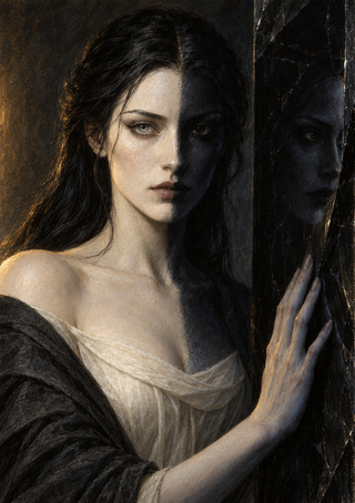 Half-lit woman with long dark hair touches black stone beside a dim reflected face.