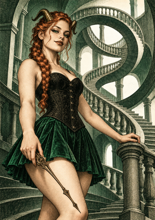 Horned woman with reddish braided hair standing before looping staircases, holding an ornate pointed object.