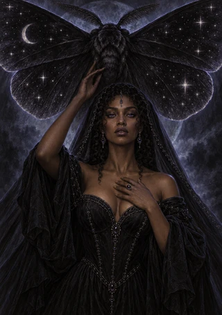 Veiled woman in a black jeweled gown beneath a star-speckled black moth, crescent moon, and stars.
