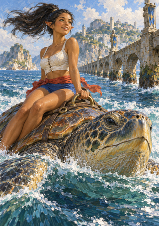 Smiling pointed-ear woman riding a giant sea turtle through foaming water near a stone causeway and cliffside settlement.