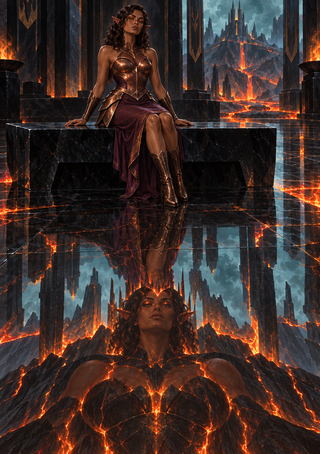 Armored pointed-ear woman seated in a lava-lit black stone hall above a large inverted reflection-like figure.