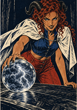 Horned red-haired woman in a white cape touches a glass sphere filled with storm clouds and lightning on a dark table.