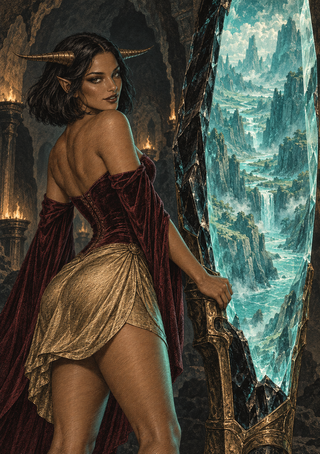 Horned, pointed-eared woman in burgundy beside a tall turquoise-lit faceted portal in a rocky interior.