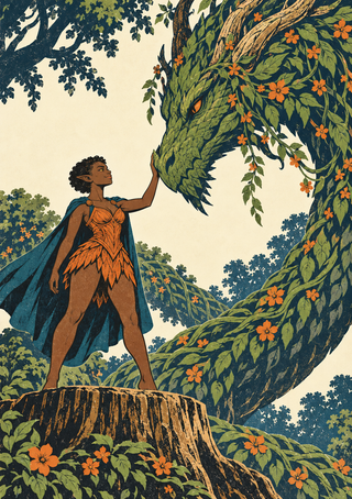 Pointed-eared woman in an orange leaf-like outfit reaching toward a huge foliage-covered green dragon amid woodland branches.