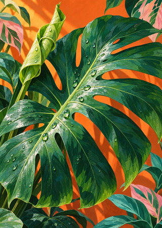 Large wet split-leaf monstera with a curled unfurling leaf and smaller variegated foliage against a persimmon-orange background.