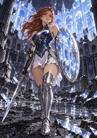 Red-haired anime-style woman in blue-and-silver armor with a large oval shield and long sword in a luminous ruined arena.