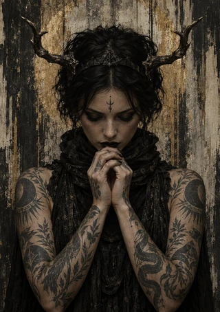 Adult dark-haired witch with branchlike horns, tattooed arms, and clasped hands against a distressed dark backdrop.