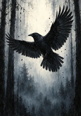Black raven flying toward the viewer with wings spread over a misty forest of tall dark trees.