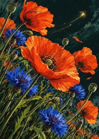 Orange-red poppies and blue cornflowers against a dark green background, with a small glowing insect tracing a gold trail.
