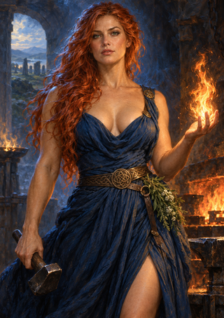 Red-haired woman in a blue dress holding a flame and hammer, with a knotwork belt, green sprigs, and an arched landscape view.