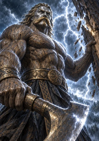 Low-angle fantasy portrait of a muscular, long-haired, bearded figure gripping a large axe amid lightning and fractured rock.
