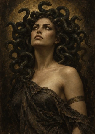 Close portrait of Medusa with dark snakes framing her head and shoulders, wearing a dark draped garment against a bronze-brown background.
