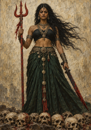 Full-length dark-haired woman in a green skirt holding a red trident and red-edged sword, with stylized skulls along the foreground.