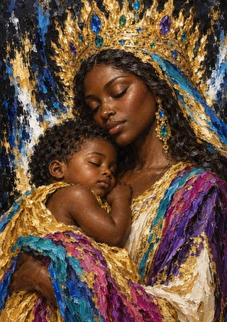 Crowned dark-skinned woman with a long jeweled earring cradles a sleeping infant, painted in vivid gold, blue, purple, and magenta.