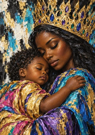A crowned dark-skinned woman in a large jeweled gold crown embraces a sleeping infant cheek-to-cheek, surrounded by vivid turquoise, blue, violet, gold and fuchsia textures.