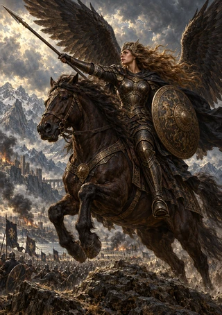 Armored winged woman on a rearing dark horse raises a spear and carries a round shield above a distant battle.