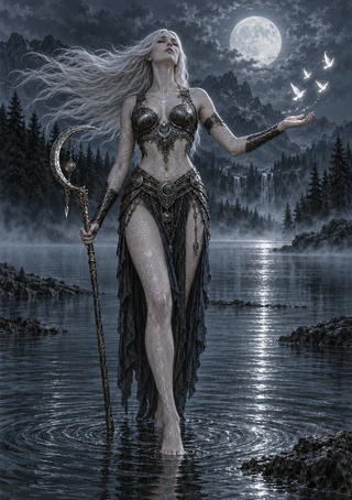 Long-haired woman in a lake beneath a full moon, holding a crescent-topped staff near small white birds, with mountains and a waterfall behind her.