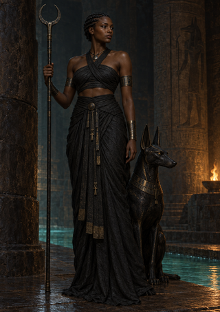 Woman with a crescent-like staff stands beside a seated jackal-headed statue in a dark temple above a turquoise pool.
