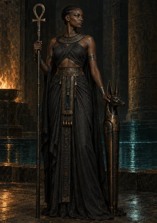 A dark-skinned woman in a charcoal gown holds an ankh-topped staff beside a jackal-headed figure in a dim stone interior.