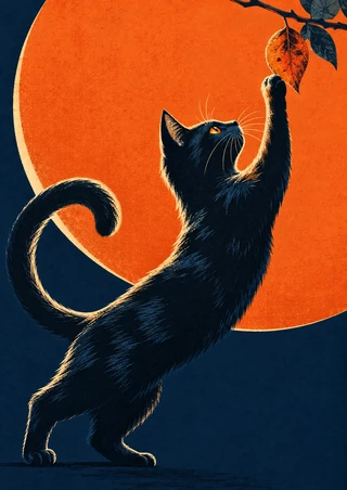 Dark navy-blue cat stretching toward an orange-brown leaf on a branch, set against a large orange circle and deep blue background.