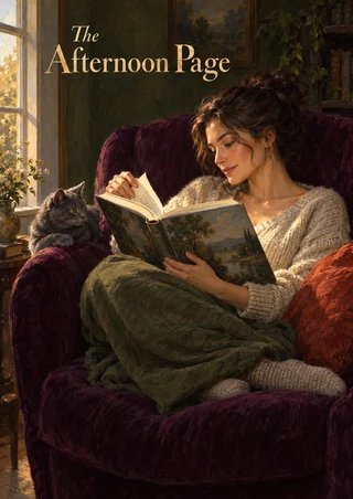An adult woman reads an illustrated open book in a plum armchair as a gray-blue cat watches from the chair arm; title lettering appears at upper left.