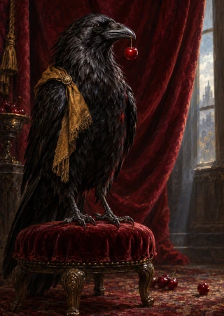 Black raven holding a glossy red cherry on a deep-red velvet stool, with a gold-brown shoulder drape, burgundy curtains, window, and scattered cherries.