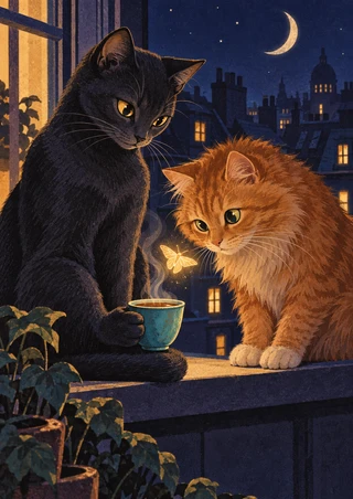 A charcoal cat holding a turquoise cup and a fluffy ginger cat watch a glowing moth on a nighttime windowsill.