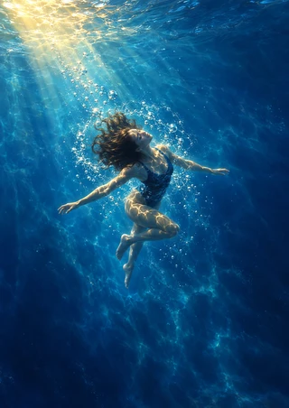Adult swimmer with long flowing hair floating underwater in a dark blue garment, arms extended and knees bent, surrounded by bubbles and refracted blue light.