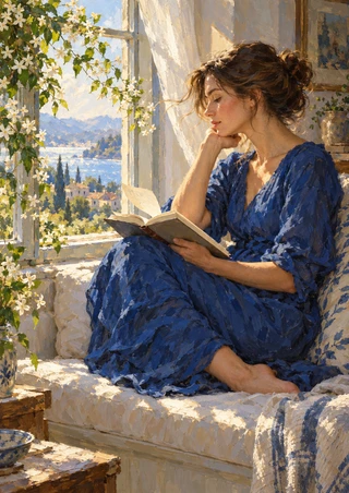 An adult woman in a blue dress sits on a sunlit window seat reading an open book, with white climbing flowers around the window.