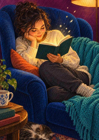 A curly-haired woman reads an open book in a deep blue armchair, with a turquoise throw, warm lamp, side table, and partly cropped cat.