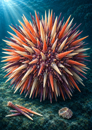 Large sea urchin with radiating coral-orange, plum, and ivory spines above a rocky seabed, lit from the upper left.