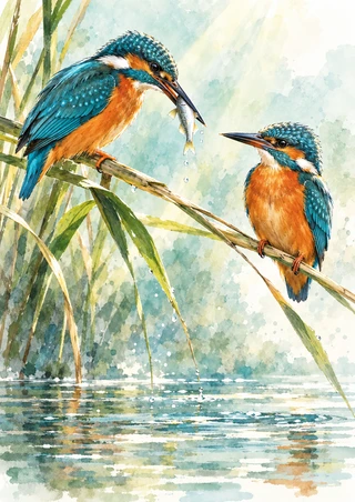 Two turquoise and rust-orange kingfishers perch on a diagonal reed above pale water; the larger bird holds a small fish.