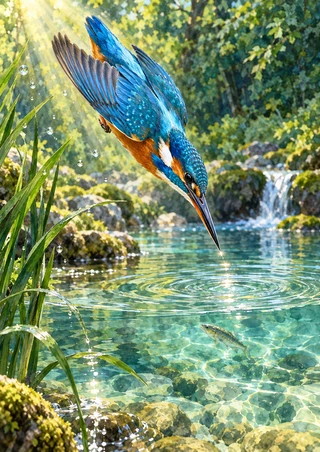 Blue-and-chestnut kingfisher diving toward a small fish beneath a woodland pool, with reeds, ripples, droplets, and a small cascade.