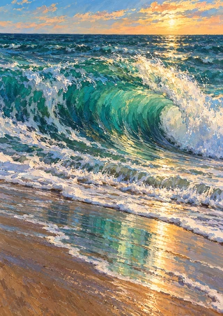 Large curling jade-green wave breaking into white foam above reflective wet sand beneath a warm sunset sky.