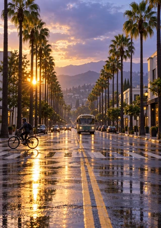 Palm-lined wet boulevard at sunset with a bus in the distance, a cyclist at the left foreground, golden road reflections, and hazy hills.