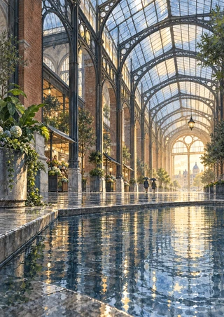 Iron-and-glass market hall with repeated arches, a foreground reflecting pool, plants and two umbrella-carrying pedestrians.