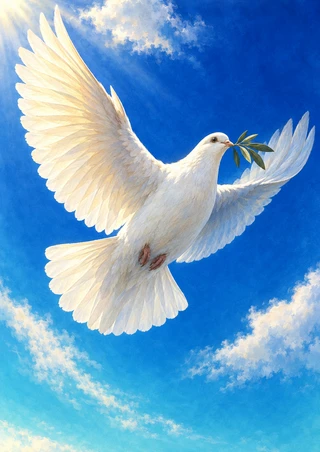 White dove carrying a leafy sprig while gliding upward through a saturated blue sky with soft clouds.