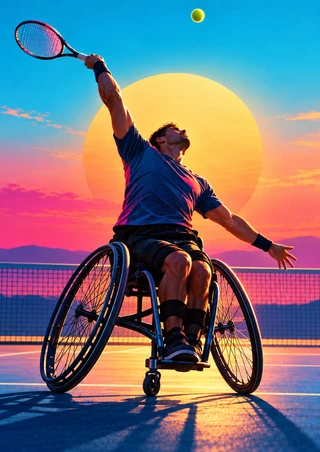 Seated wheelchair tennis player holding a racket high after a serve as a tennis ball rises above a court net and sunset.