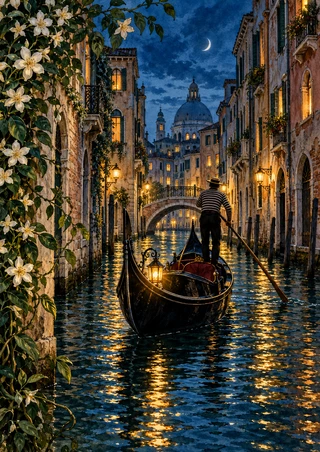 Black gondola with a standing gondolier and bow lantern on an indigo canal, with illuminated facades, an arched bridge, and white flowers.