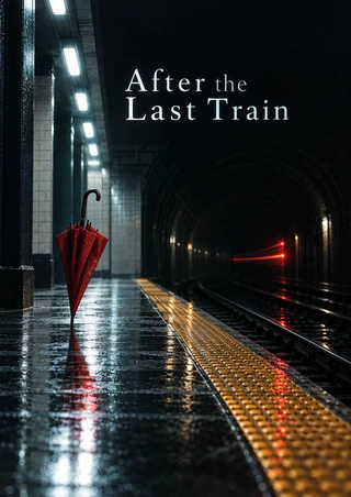 Red umbrella beside the yellow edge of an empty, wet subway platform, with red light streaks receding into a dark tunnel and the title After the Last Train above.