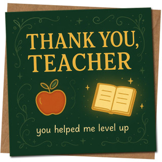 Thank You Teacher Card - You Helped Me Level Up - 145mm x 145mm Square - Cute Apple & Book Design - Appreciation Card for Teacher, Teaching Assistant or Tutor, Includes Kraft Envelope